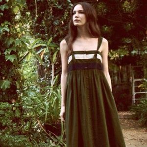 THE GREAT. Olive Green Maxi Dress with Black and Cream Straps
